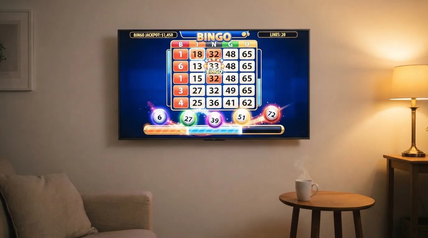 Duży telewizor w salonie wyświetlający kolorową planszę gry, obok pusta filiżanka na stoliku.